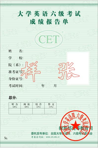 大学英语六级考试成绩单样张